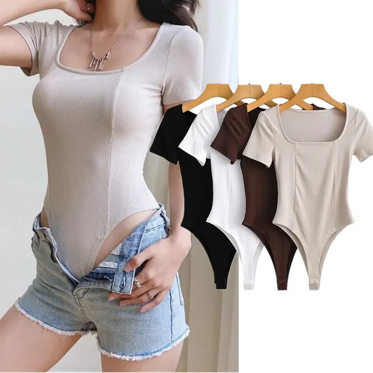 Square neck tights summer new style solid color stretch jumpsuit
