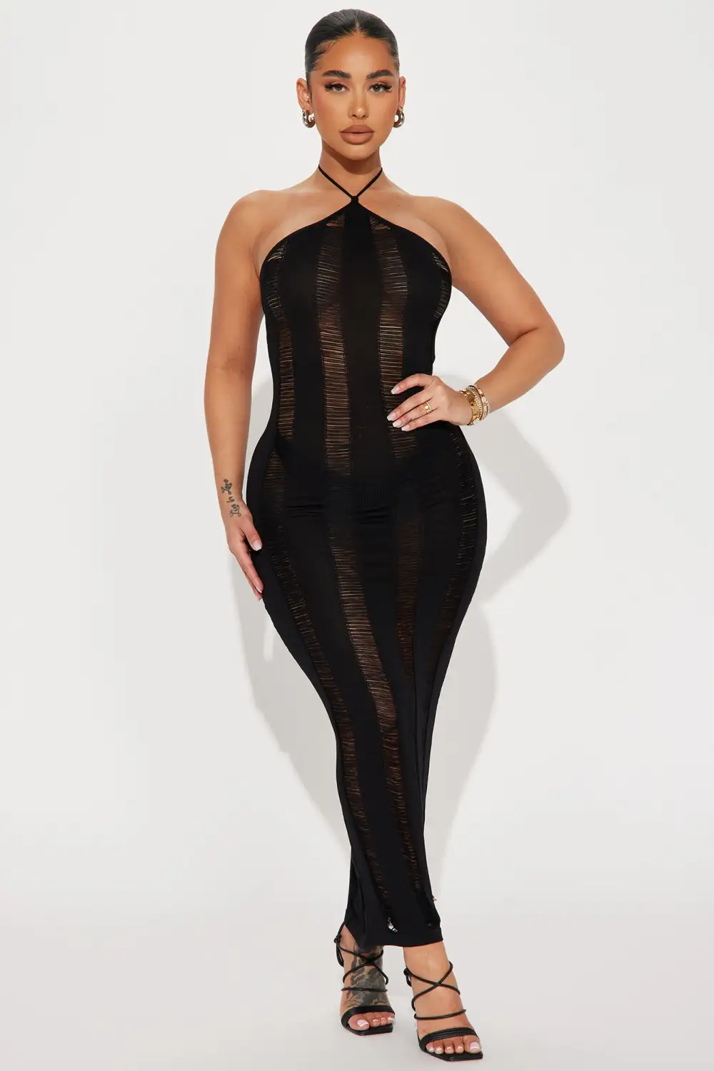 Distressed Halter Maxi Dress - Black