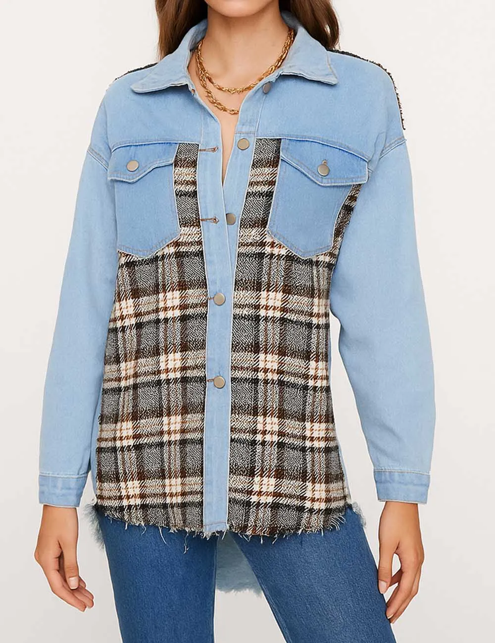 Plaid Patchwork Button Down Denim Jacket