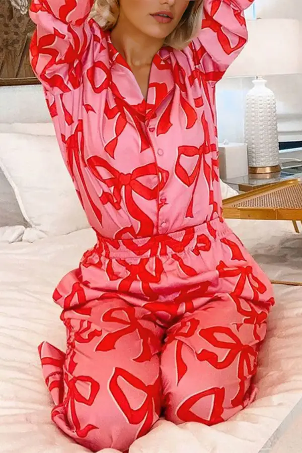 Bow Print Long Pajama Set