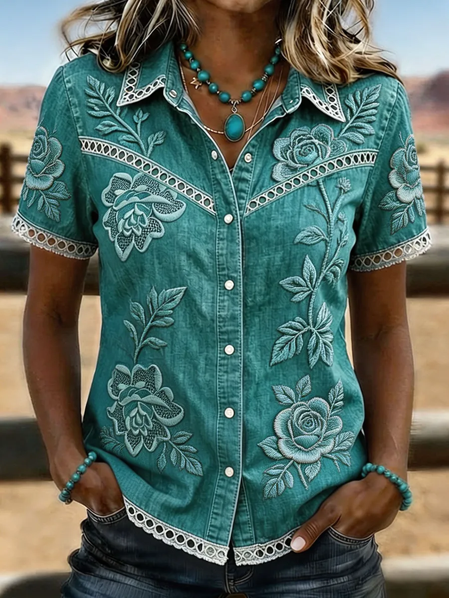 Women's Burgundy Rose Embroidered Lace Trim Western Denim Shirt