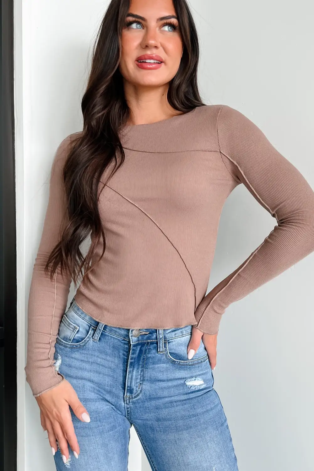 Keep Me Posted Contrast Seam Long Sleeve Top (Mocha)