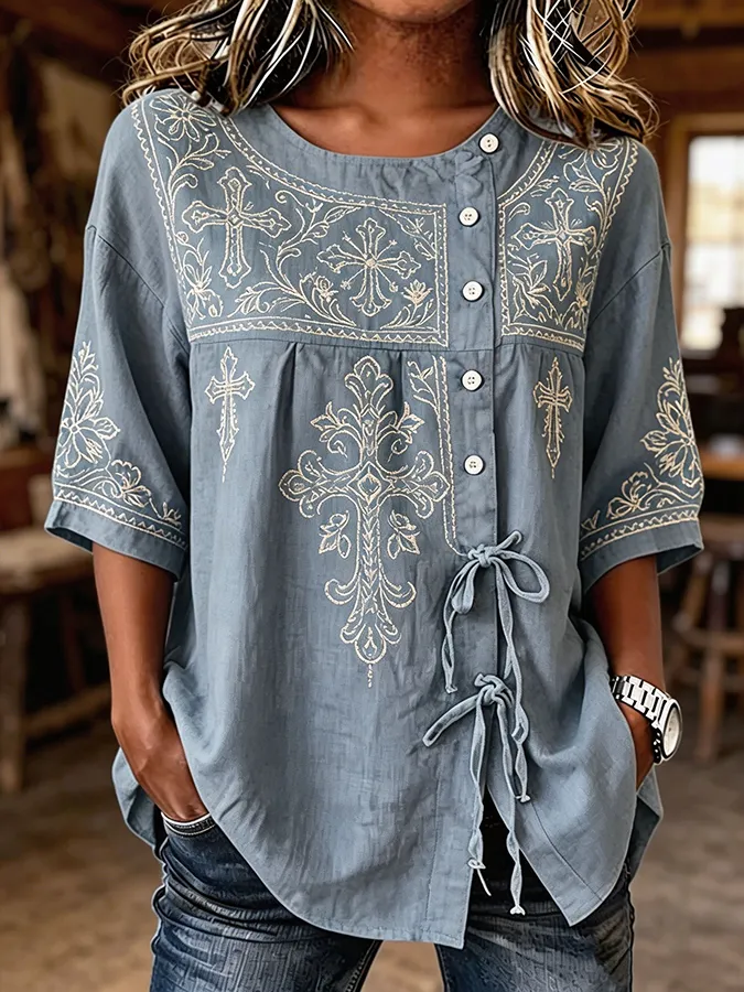 Women's Turquoise Cross Embroidered Tie Waist Western Linen Blouse