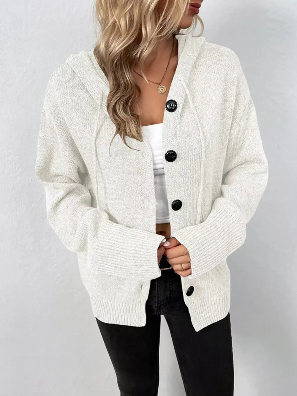 Full Size Cozy Knit Hooded Button Down Cardigan Plus Size