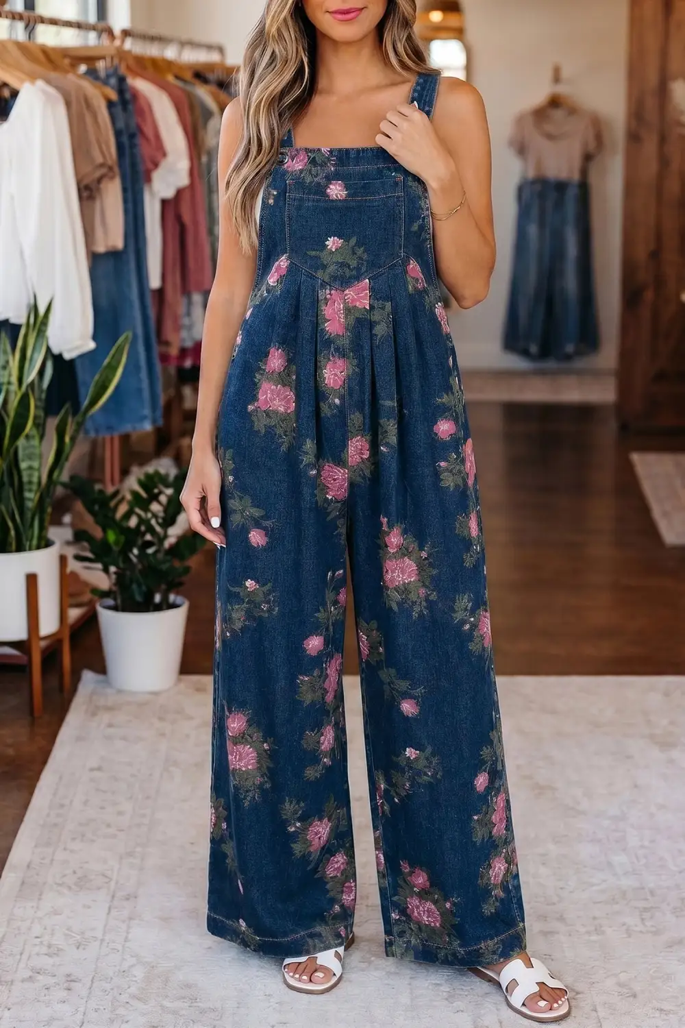 Relaxed Floral Print Pleated High Waist Wide Leg Denim Jumpsuit