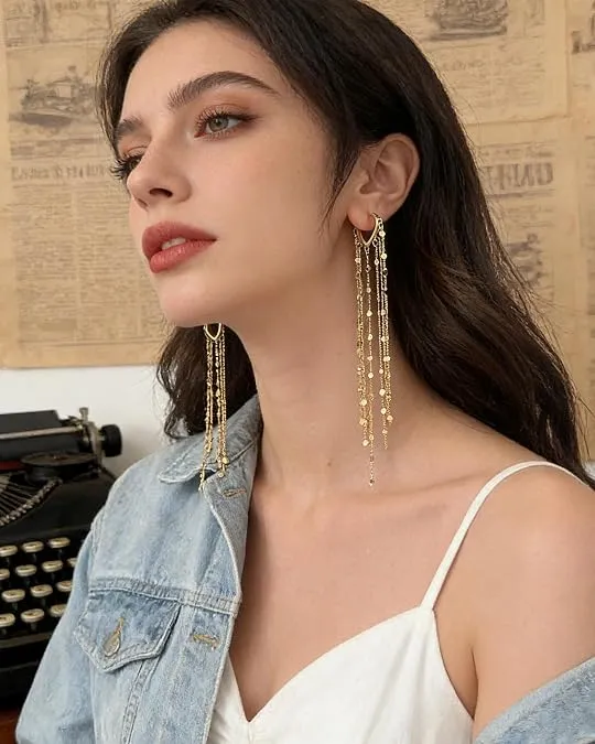Gold Plated Long Tassel Earrings for Women