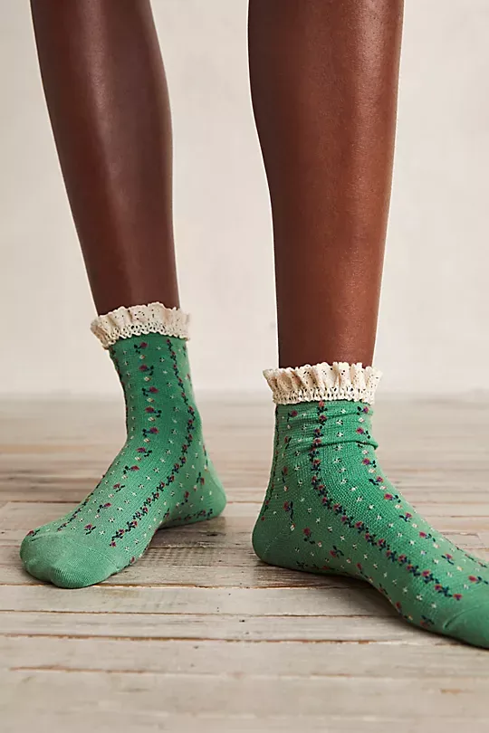 Floral Waffle Knit Socks Bule