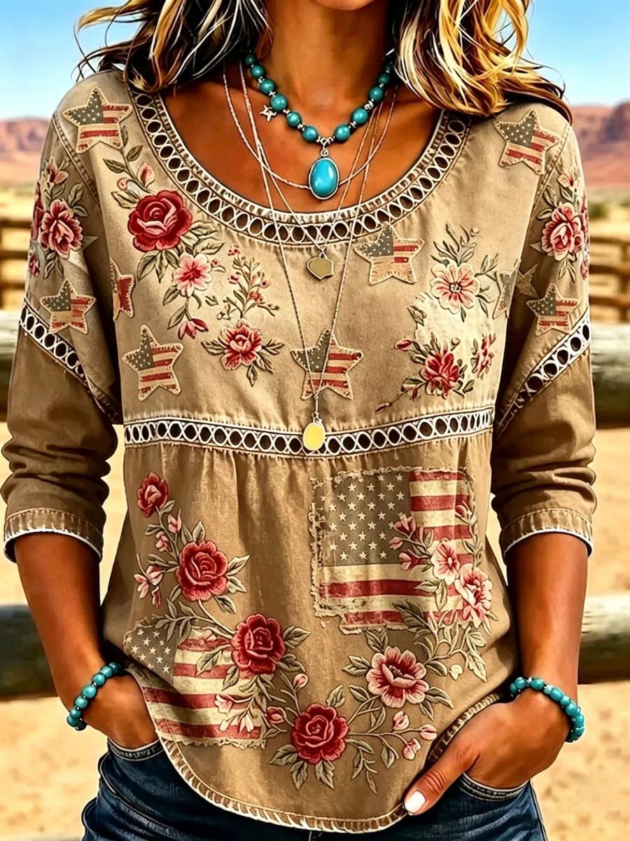 Women's Casual Round-Neck Printed Cotton-Linen Top