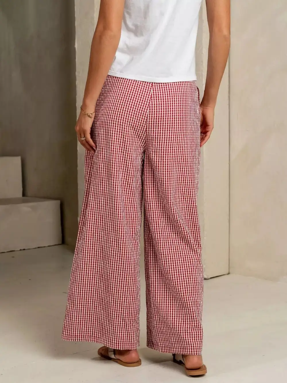Gingham Print Wide Leg Pants