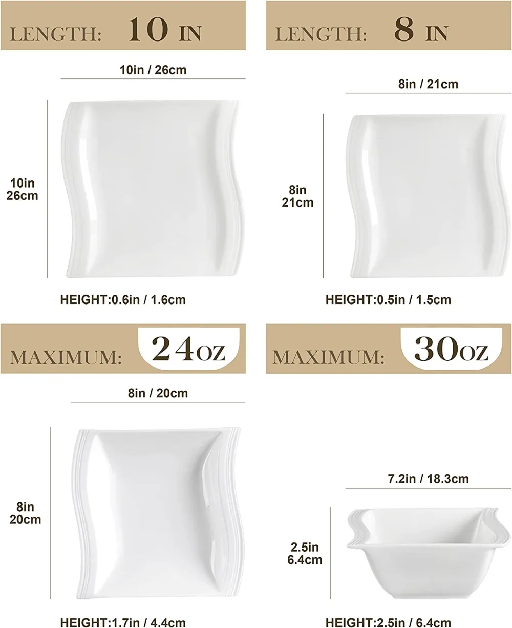 MALACASA Ivory White Dinnerware Sets, 60-Piece Square Dish Set for 12, Porcelain Dishes with Dinner Plates, Dessert Plates and Soup Plates, Cups and Saucers, Modern Dinnerware Oven Safe, Series Flora