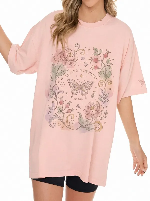 Women's Cottagecore Butterfly Floral Le Jardin De Rêves Printed T-shirt