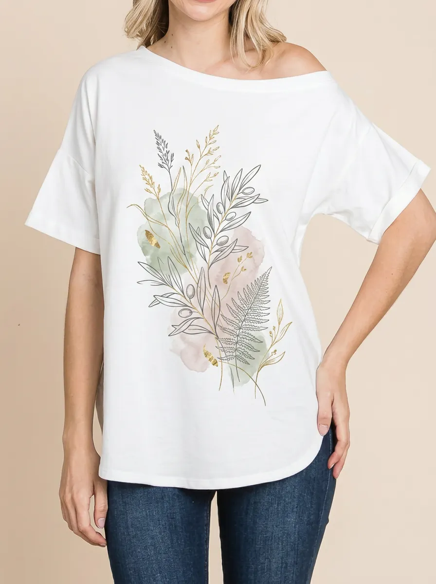 Women's Botanical Nature Lover Olive Branch Fern Printed T-shirt