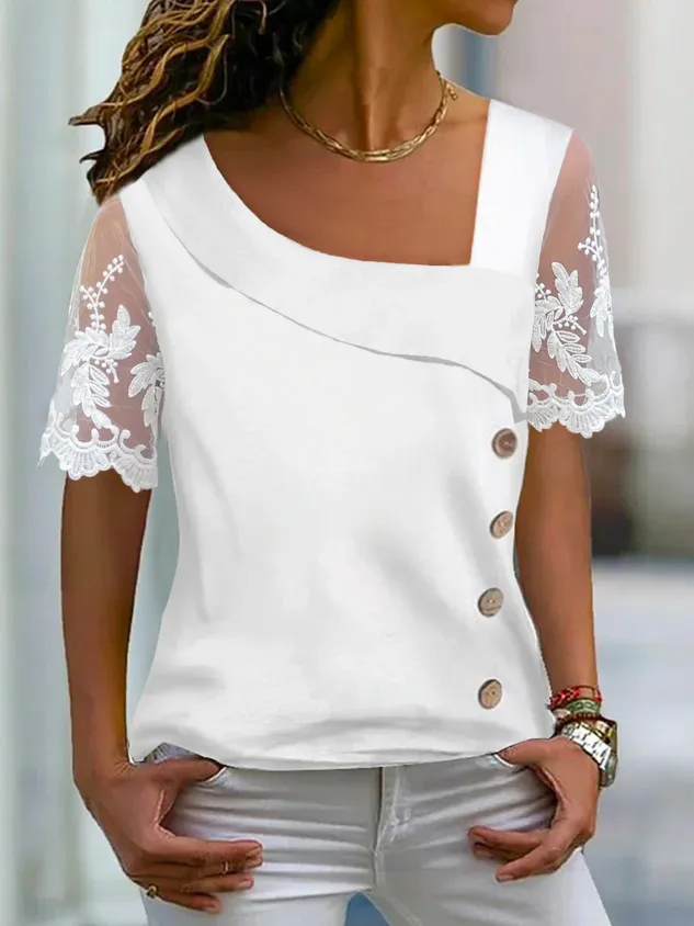 Casual Asymmetrical Neck Buttoned Mesh Blouse