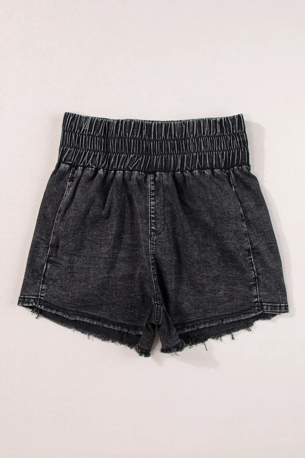 Smocked High Waist Mineral Washed Jean Shorts