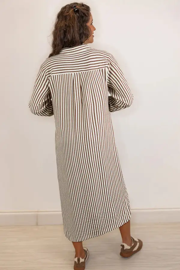 Stripe Bracelet Sleeve Side Slit Midi Dress