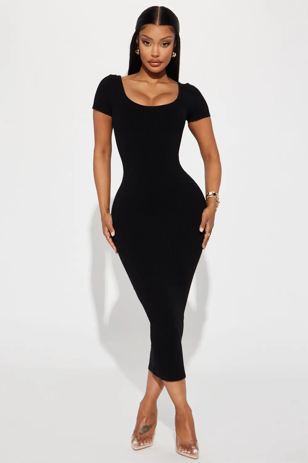 Veronica Snatched Midi Dress - Black