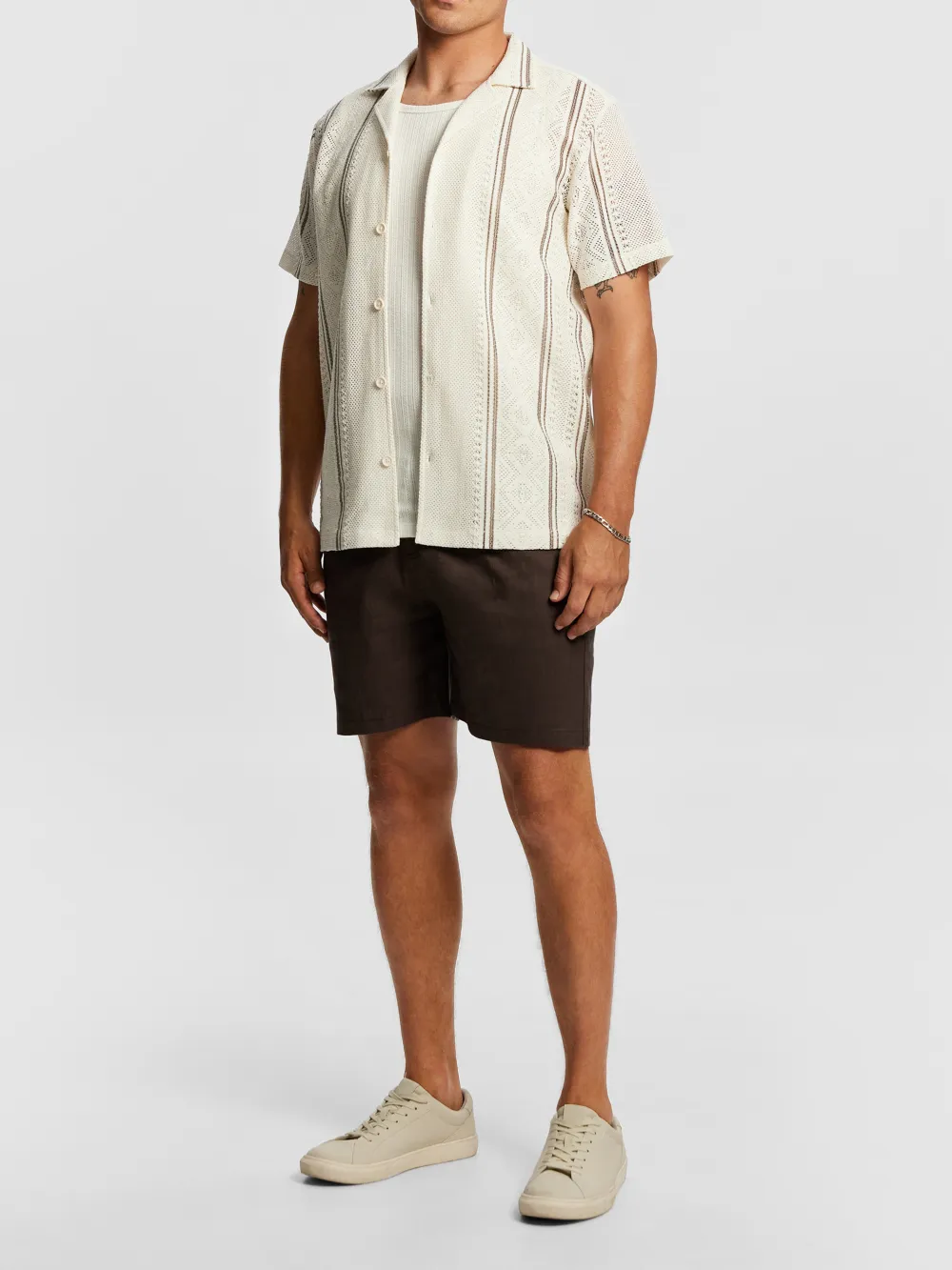 Natural Crochet Detail Short Sleeve Shirt