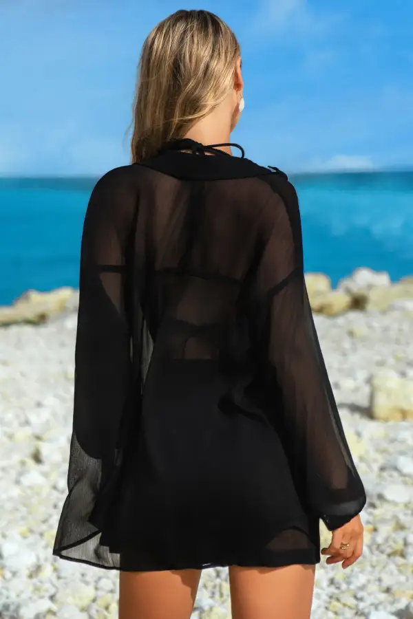 Sheer Tunic Shirt Drawstring Shorts Two Piece Swim Cover Up Set