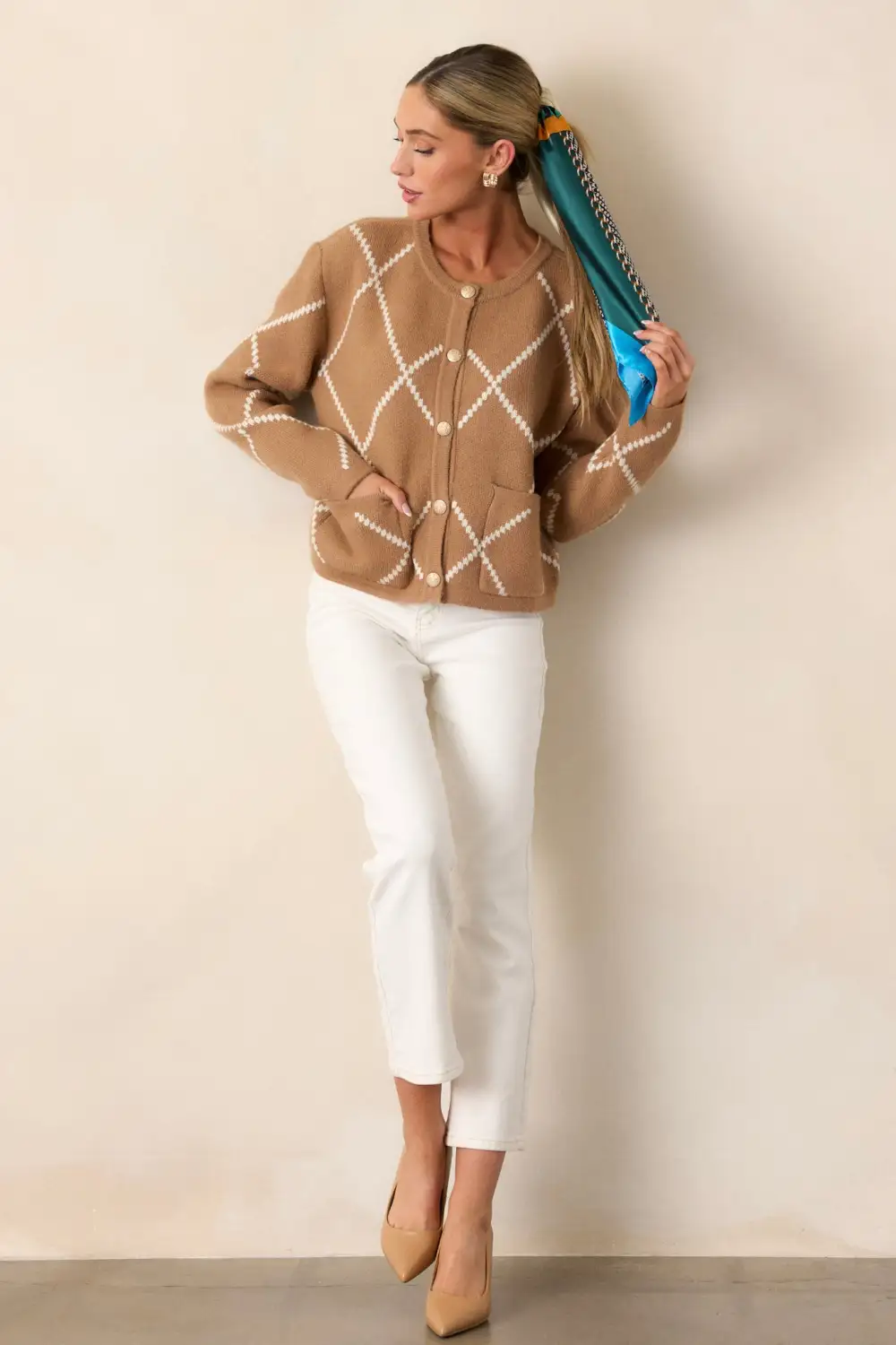 You Should Know Tan Argyle Button Front Cardigan