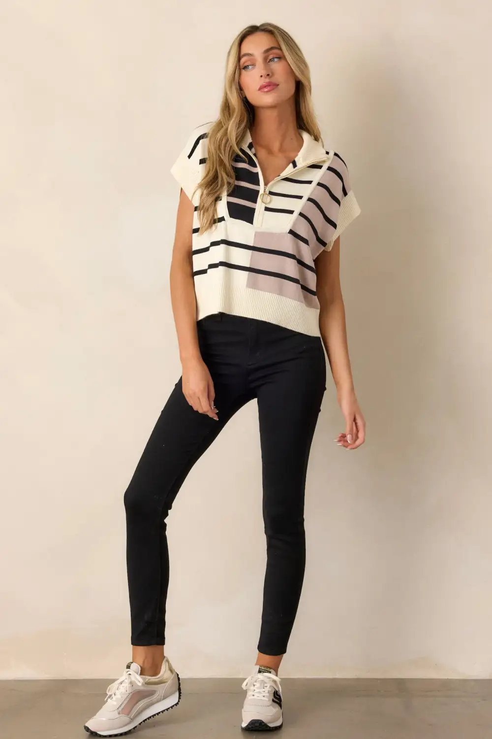 Bold Bands Beige Stripe Half-Zip Sleeveless Sweater