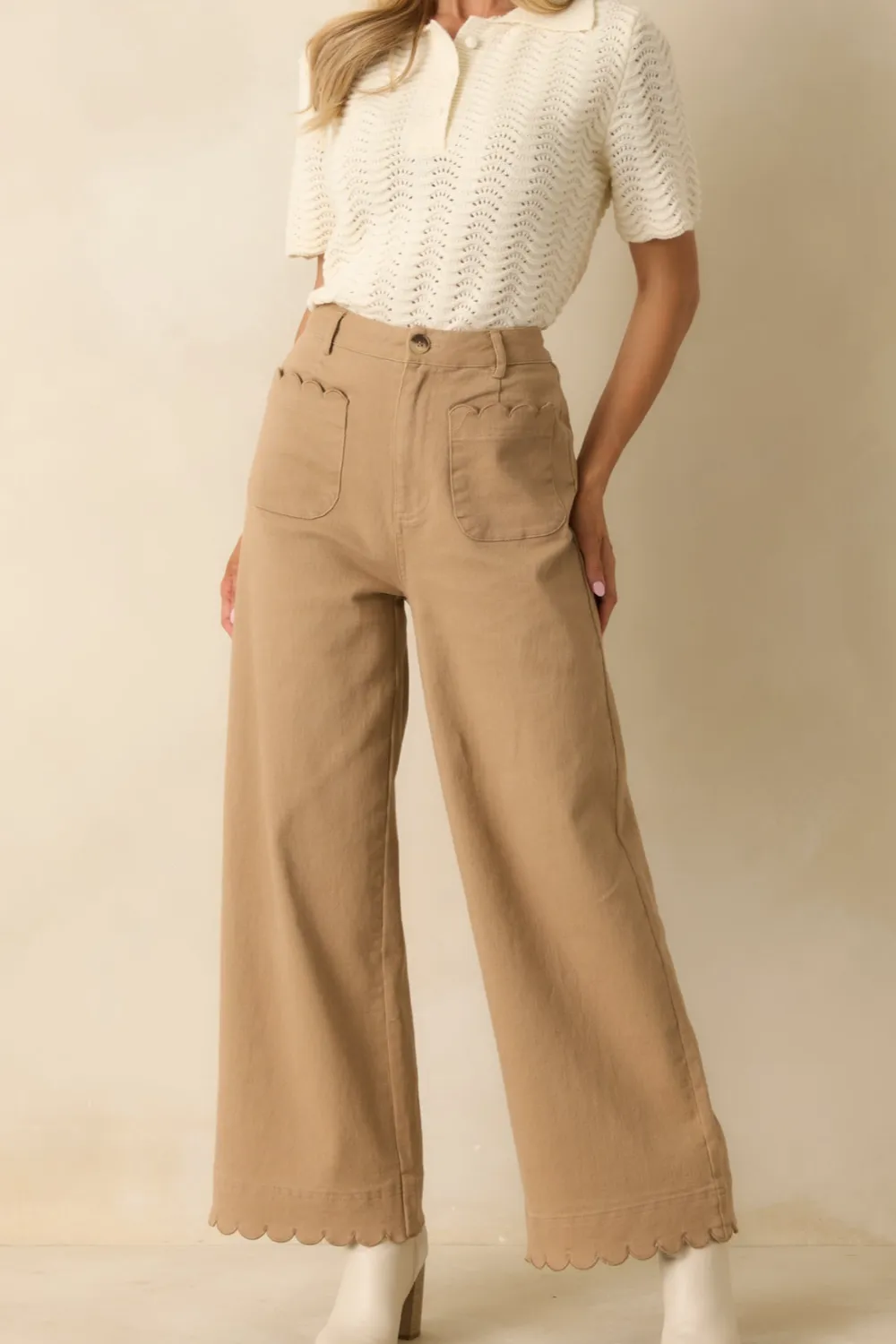 Camel Cotton Scalloped Wide Leg Pants