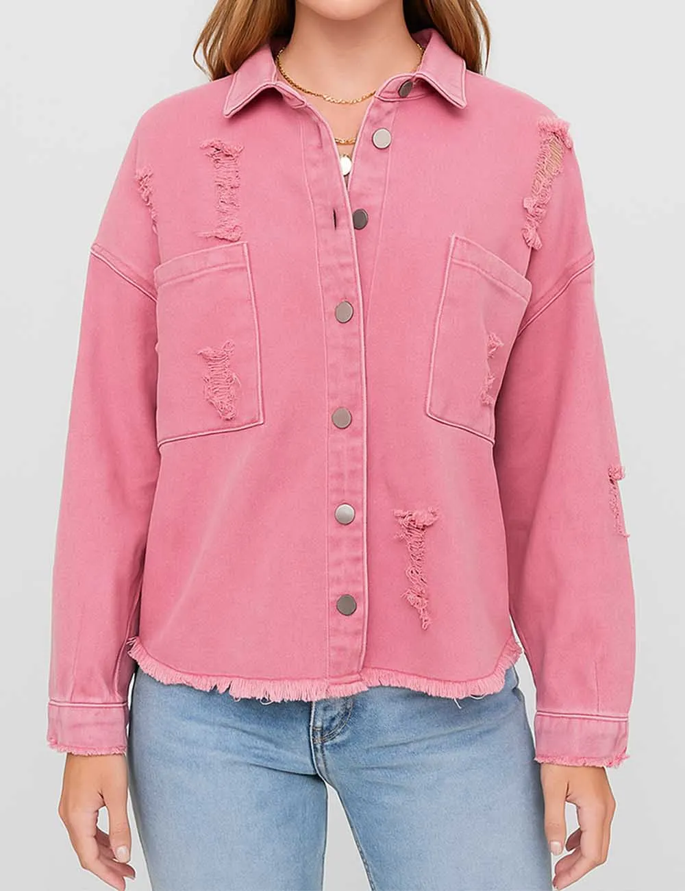 Distressed Button Down Long Sleeve Denim Jacket