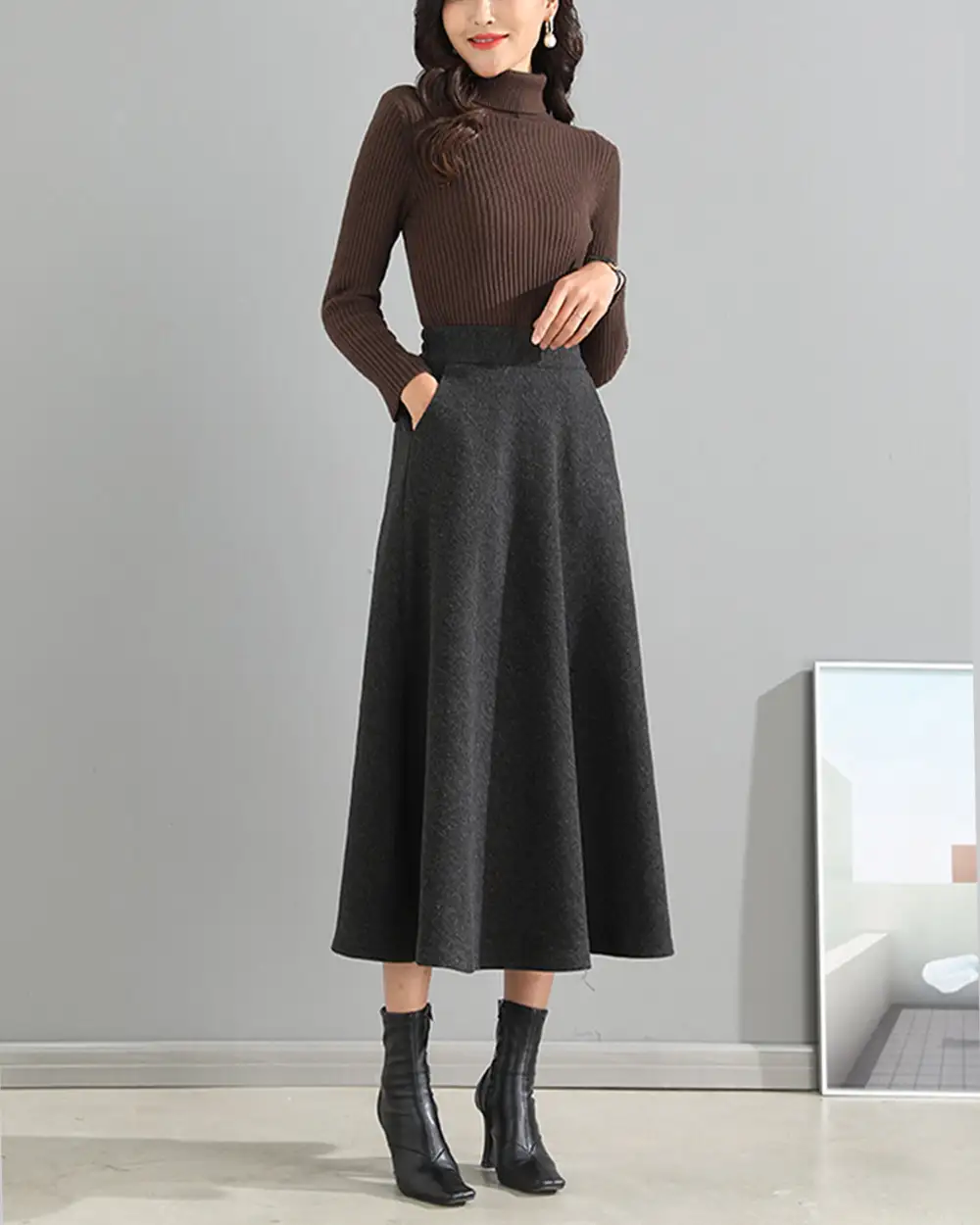 Relaxed Pocketed Wool A Line Maxi Skirt