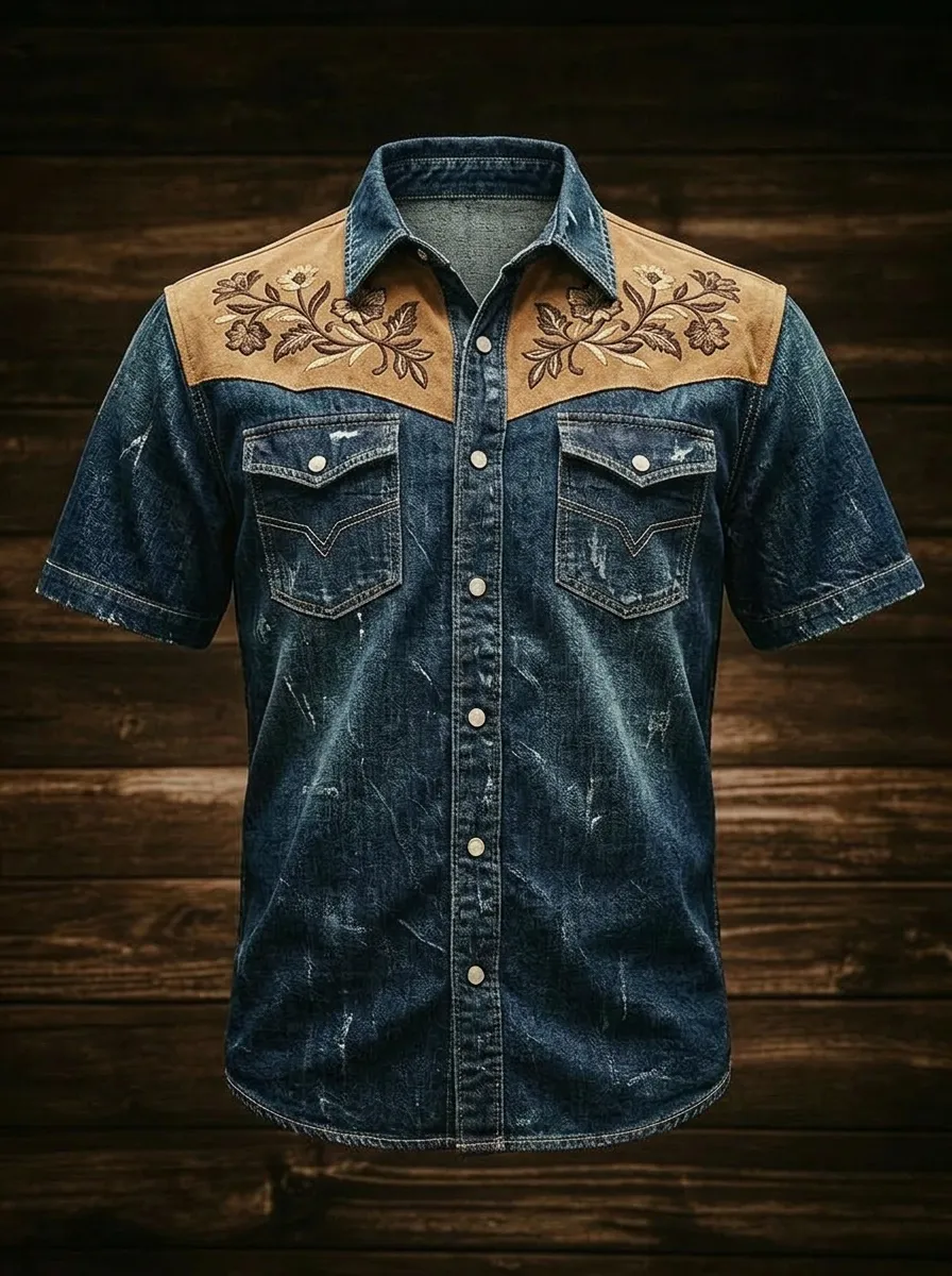 Men's Western Style Floral Embroidery Suede Yoke Printed Shirt