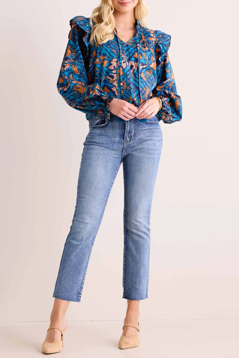 Blue Artistic Print Tie-Waist Long Sleeve Blouse
