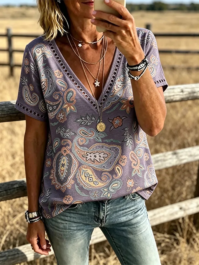 Women's Boho Paisley Print V Neck Trim Short Sleeve Western Blouse