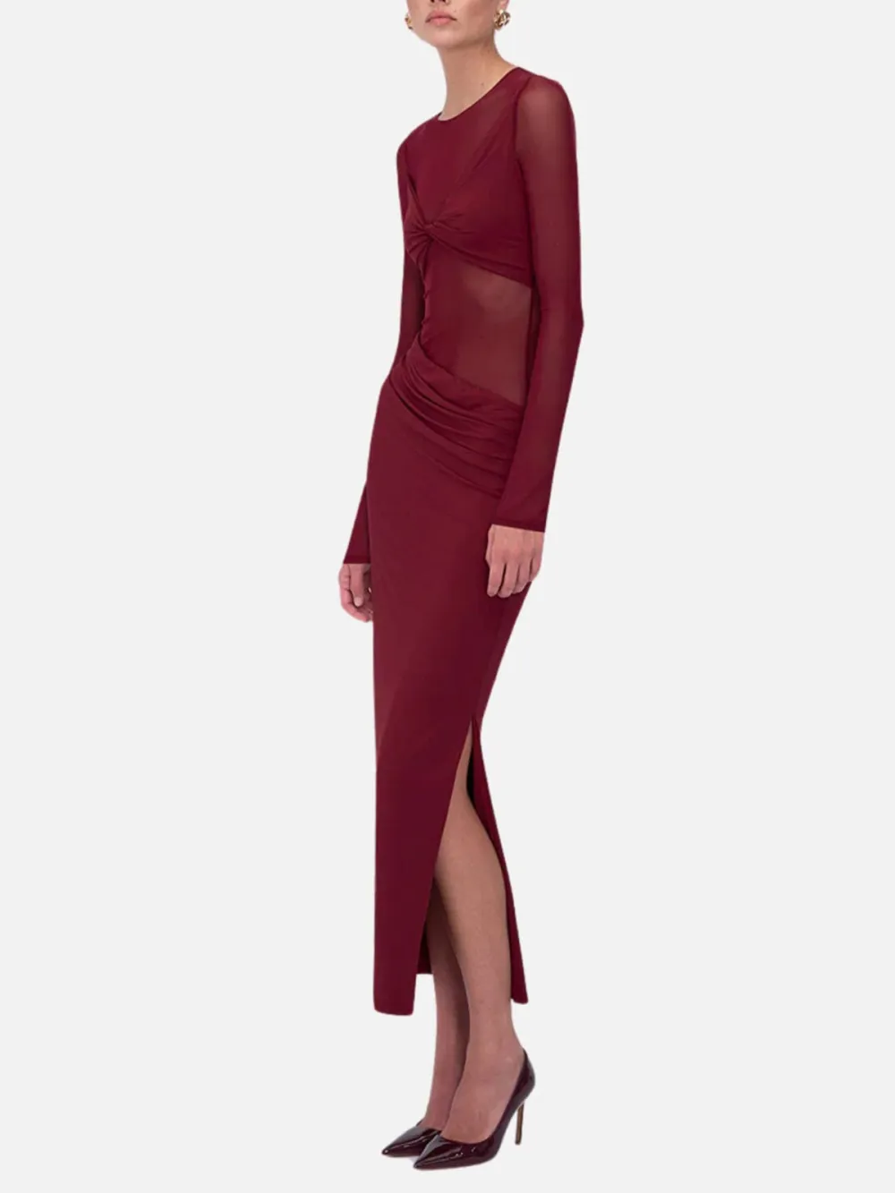 Sheer Slit Round Neck Long Sleeve Dress