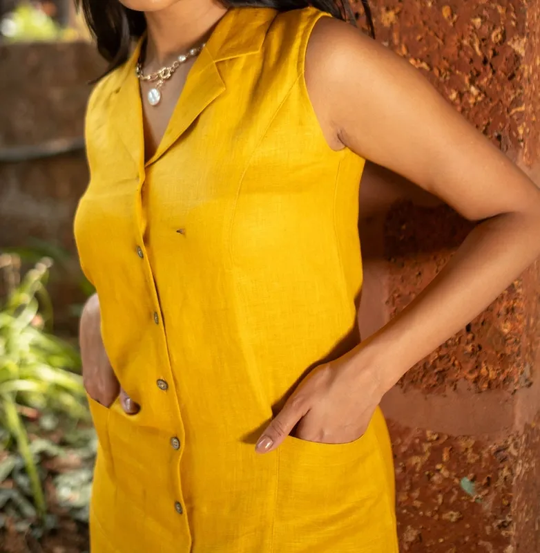Mustard Linen Notch-Collar Dress