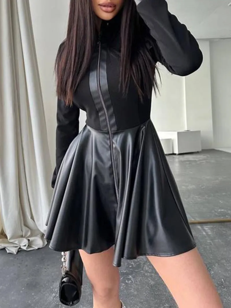 Casual Long-sleeve Leather Panel Dress