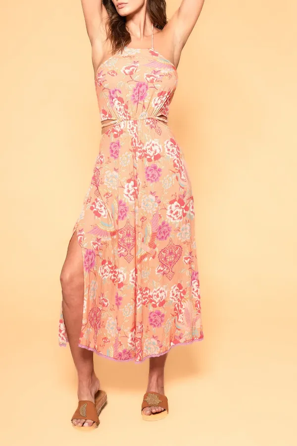 Peach Colored Floral Print Halter Maxi Dress