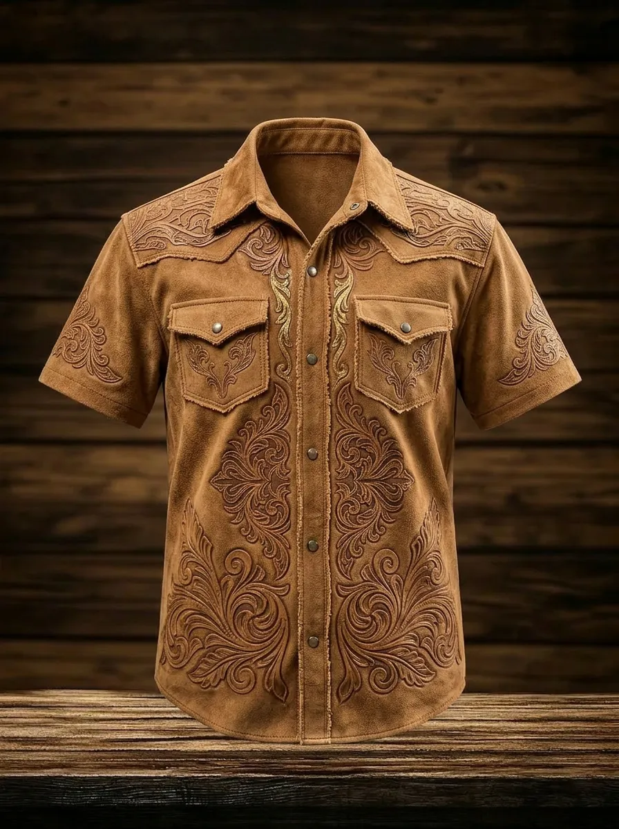 Men's Western Cowboy Floral Embossed Printed Shirt