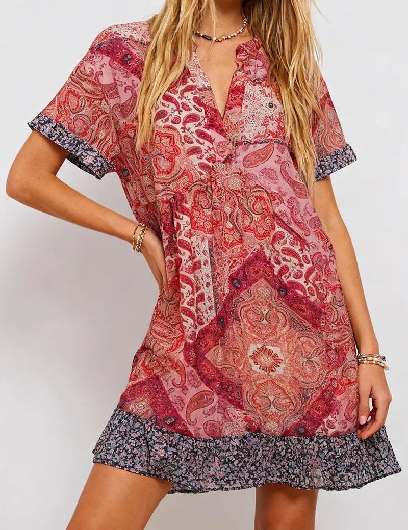 Abstract Print V Neck Mini Dress