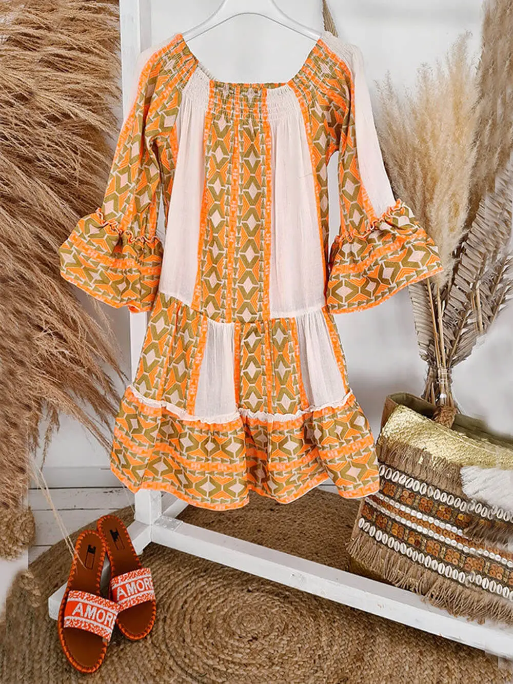 Linen Blend Ethnic Print Off Mini Dress