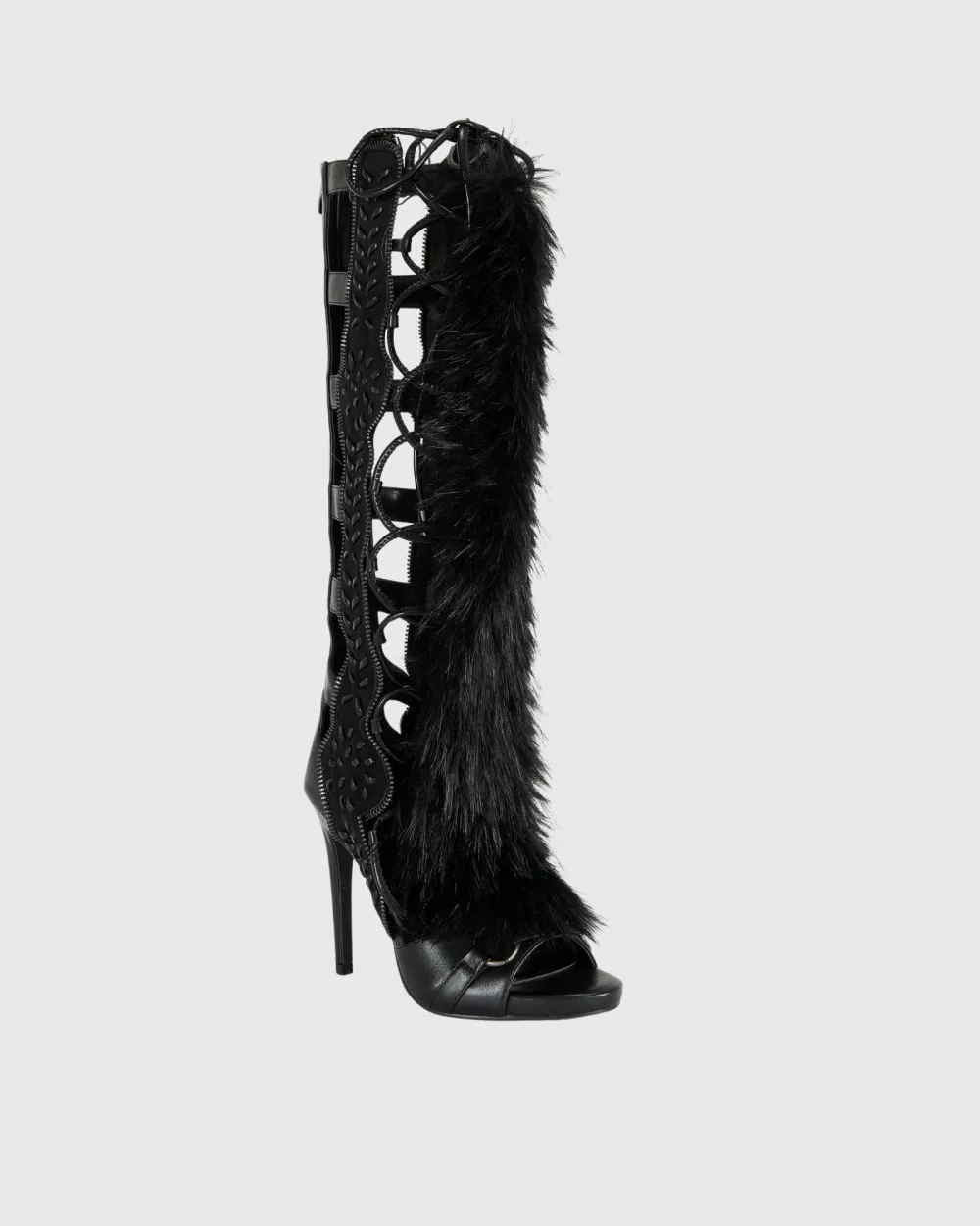 Faux Fur Knee High Sandals in All Black