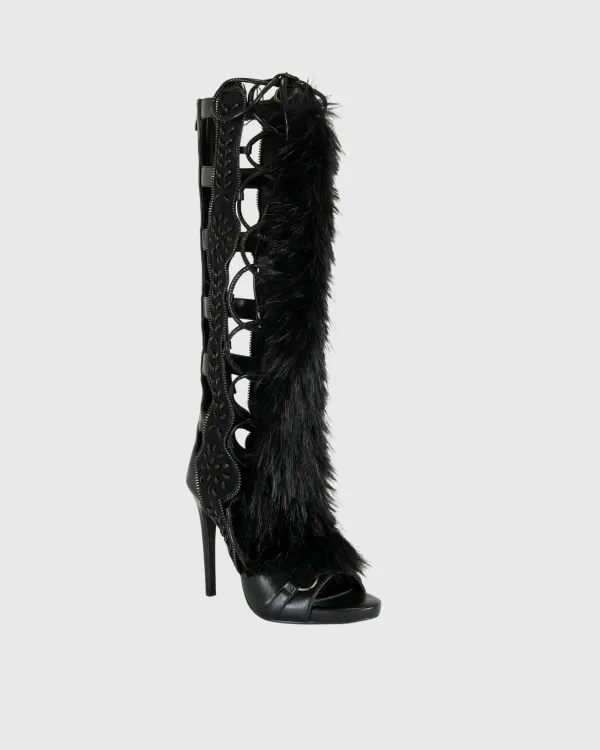 Faux Fur Knee High Sandals in All Black