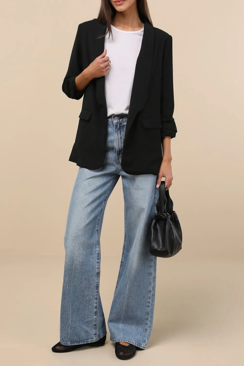 Casual Style Three-Quarter Sleeve Ruched Blazer