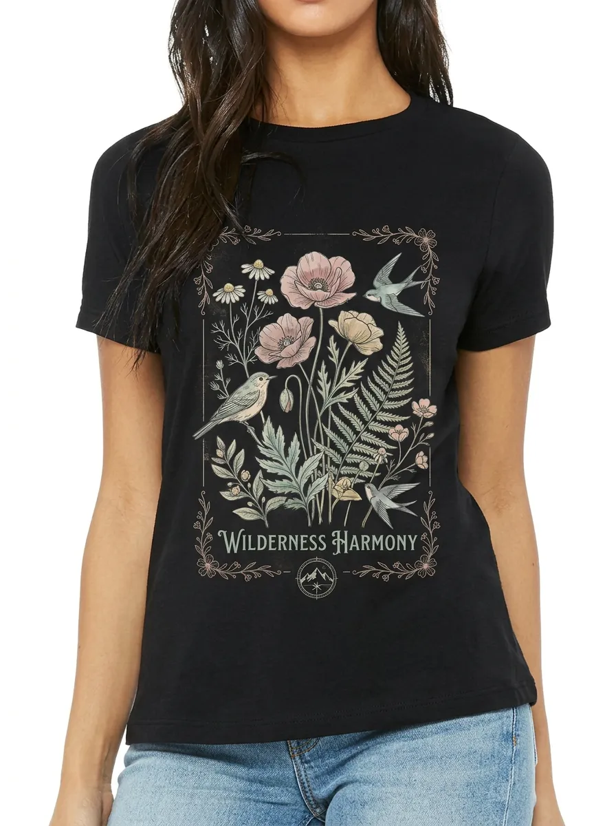Women's Nature Lover Wilderness Harmony Bird Floral Printed T-shirt