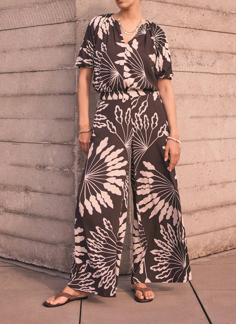 Casual Style Brown Palm Print Wide Trousers