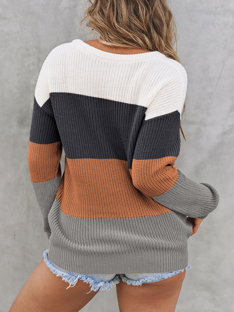 Block Knitted O-neck Pullover Sweater