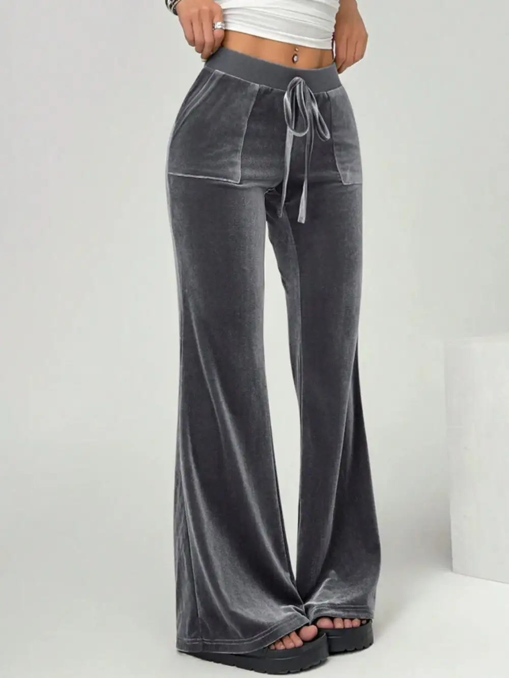 Velvet Flare Pants with Drawstring