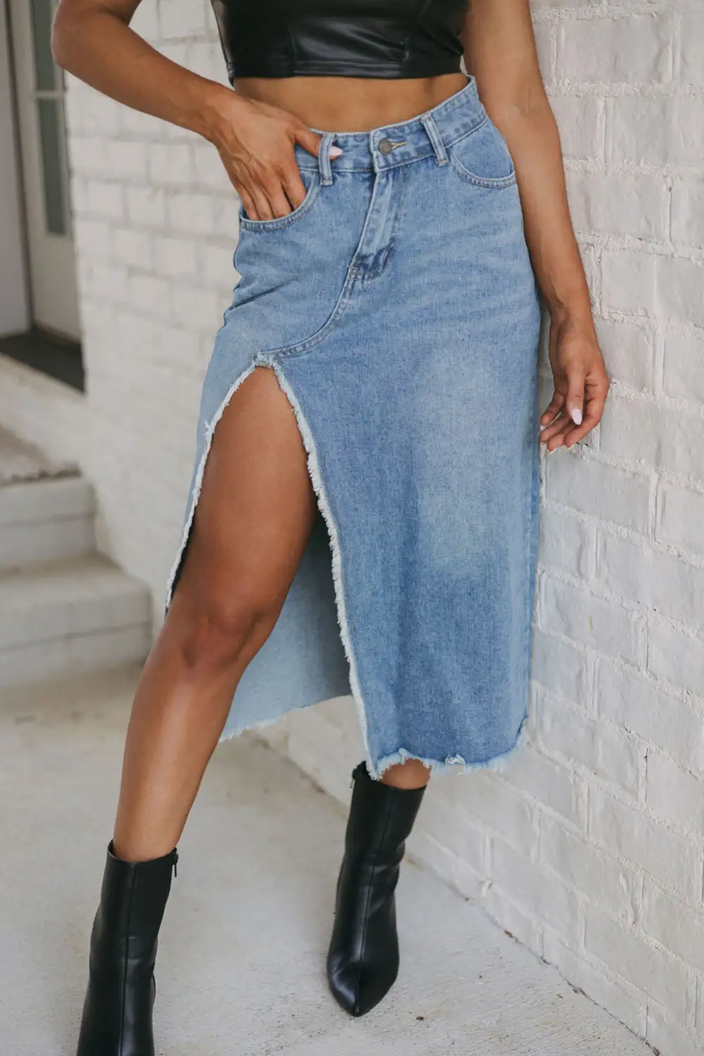 Weekend Midi Denim Side Slit Skirt