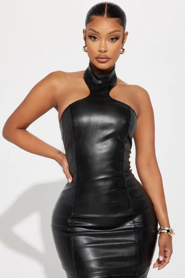 The Countermove Halter Faux Leather Midi Dress - Black