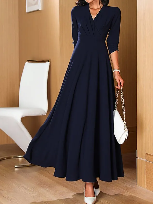 Women Plain V Neck Long Sleeve Comfy Casual Maxi Dress