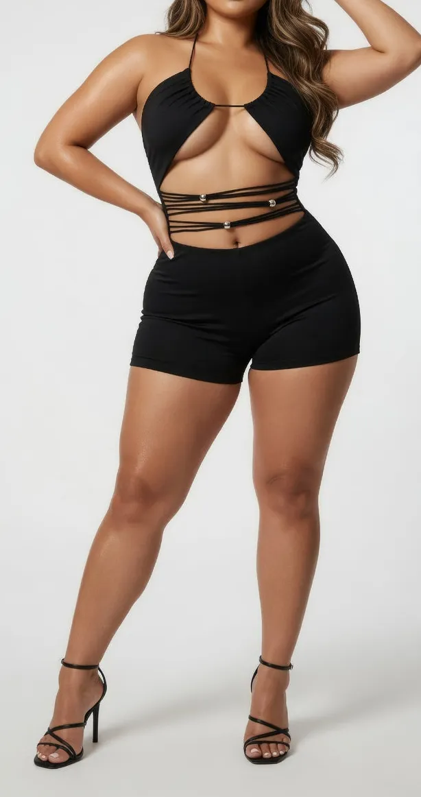 Halter Cutout Romper Strappy Waist Short