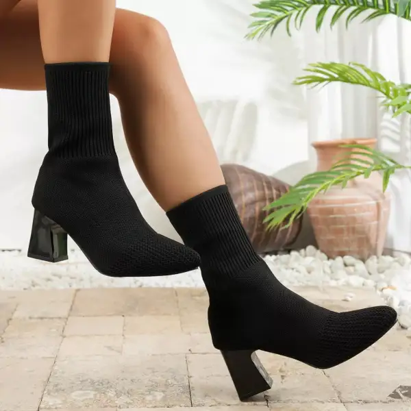 Pointed Toe Knit Sock Boots with Block Heel