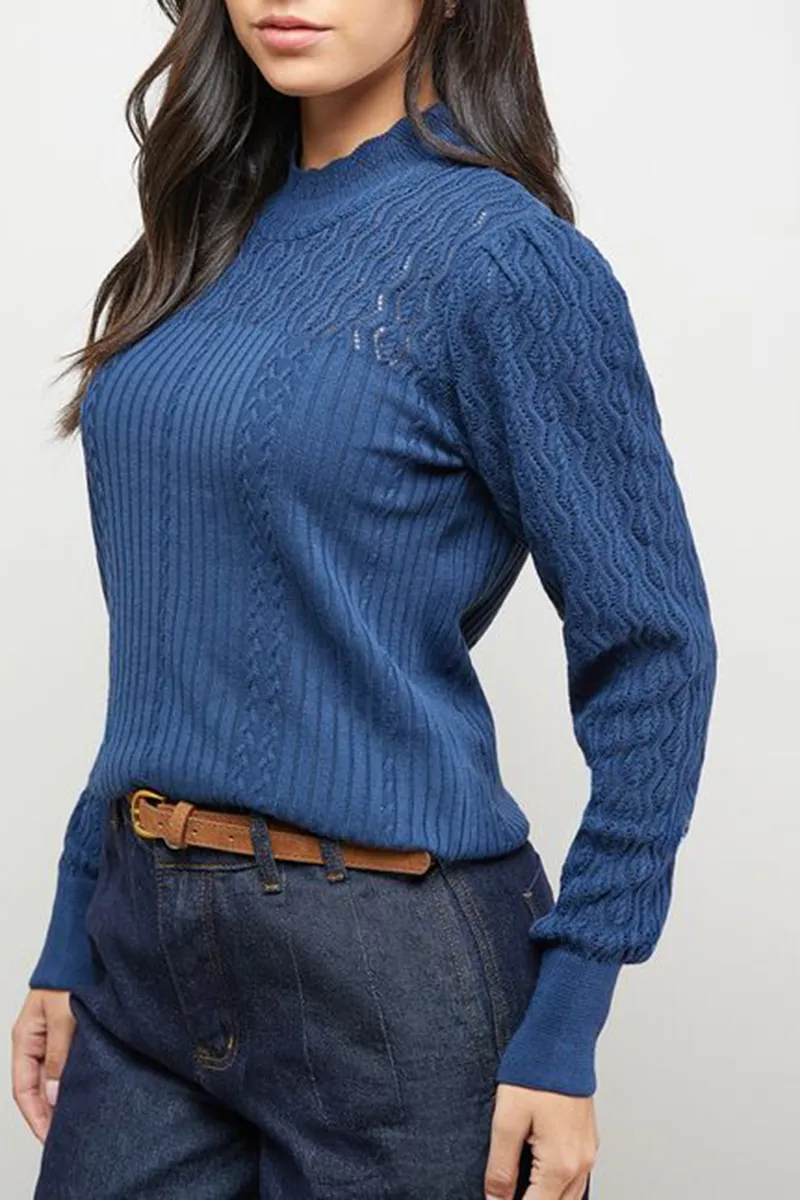 Casual Style High Neck Pointelle Sweaters